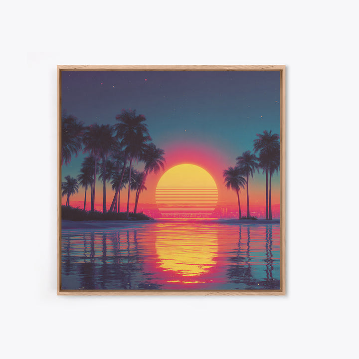 Dreamy Neon Palm Tree Sunset Beach Wall Art, Retro Coastal Landscape, Vibrant Summer Canvas Print Decor