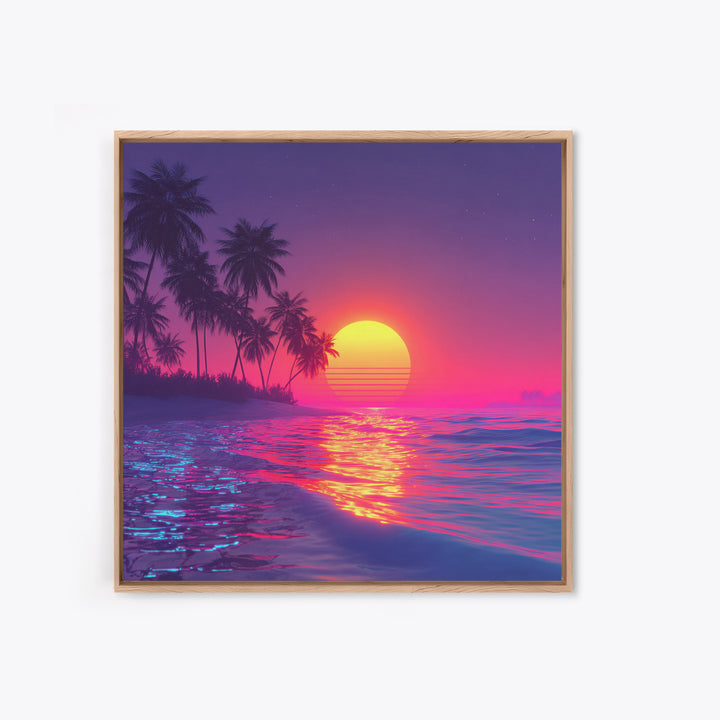 Neon Pink Beach Sunset Wall Art, Tropical Palm Tree Ocean Horizon Canvas Print, Coastal Summer Decor, Vibrant Seascape