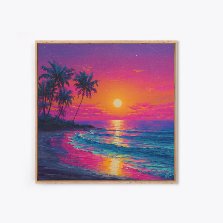 Vibrant Moonrise Beach Canvas Print, Colorful Tropical Ocean Wall Art, Coastal Sunset Painting For Bedroom Or Beach House