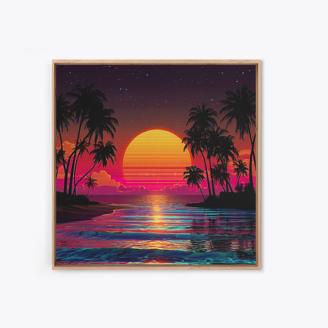 Neon Tropical Sunset Beach With Palm Trees Wall Art, Retro Coastal Print, Vibrant Summer Home Decor, Modern Canvas Print