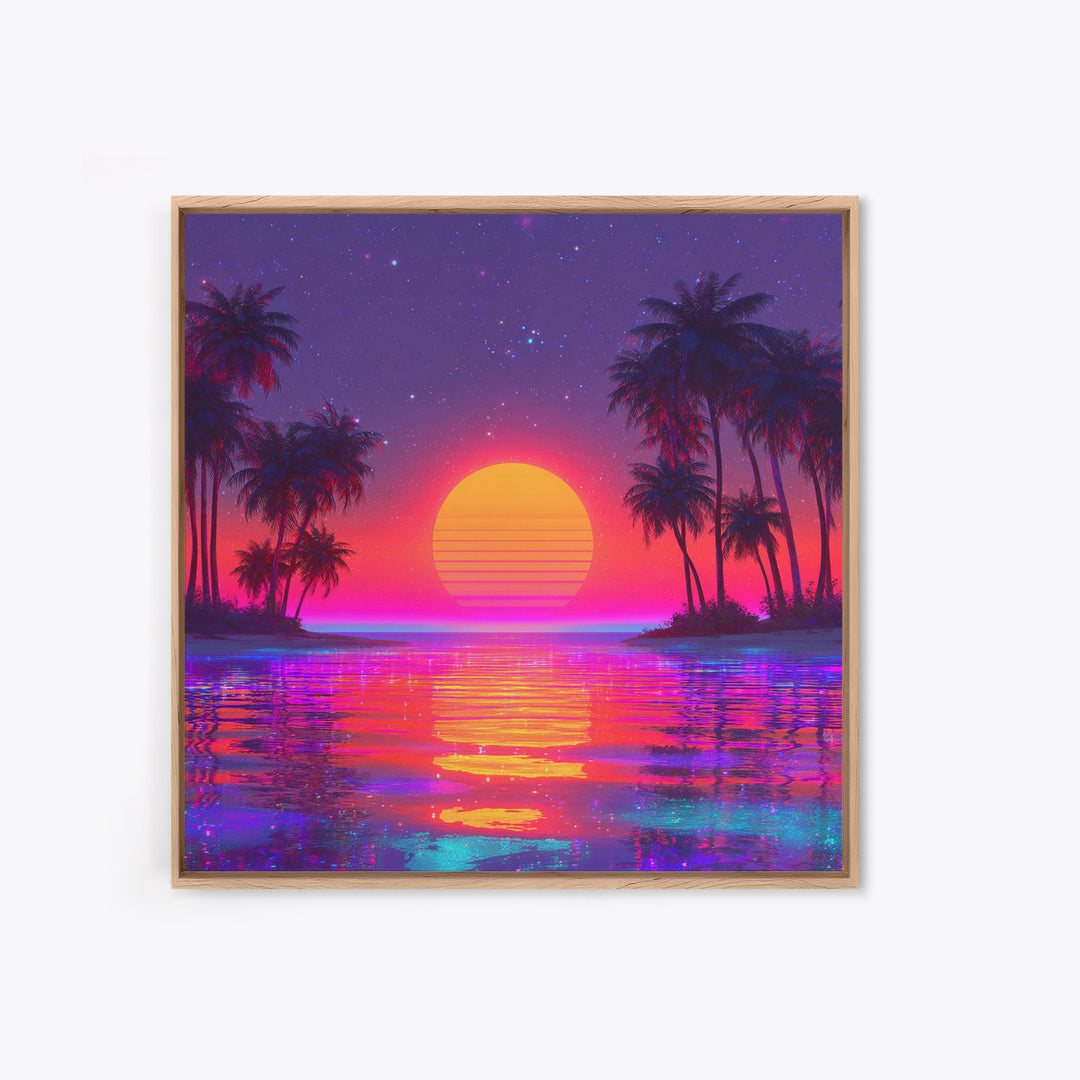 Vibrant Neon Tropical Sunset Beach Wall Art, Retro Wave Palm Landscape Canvas Print, Colorful Coastal Room Decor