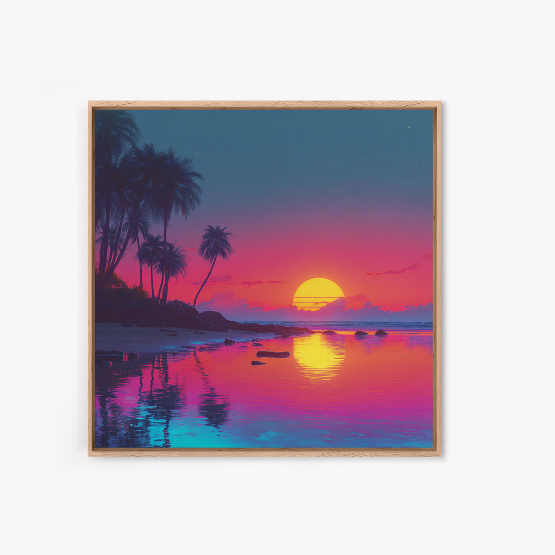 Neon Tropical Sunset Beach Wall Art, Vibrant Coastal Landscape Art Print, Modern Coastal Decor Canvas Print For Living Room