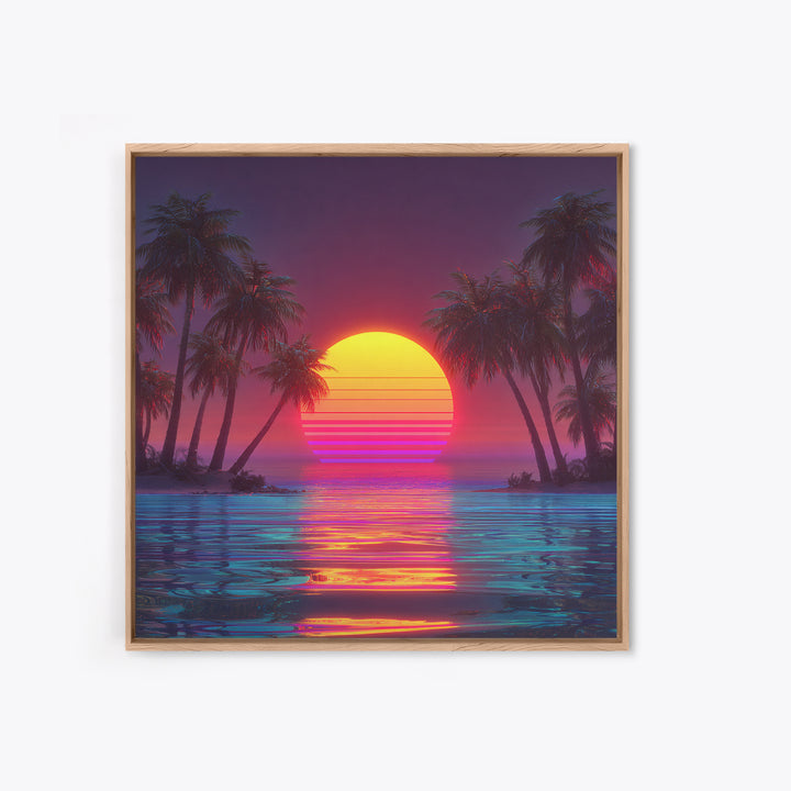 Vaporwave Tropical Sunset Beach Wall Art Canvas Print, Neon Coastal Landscape For Gaming Room And Modern Home Decor