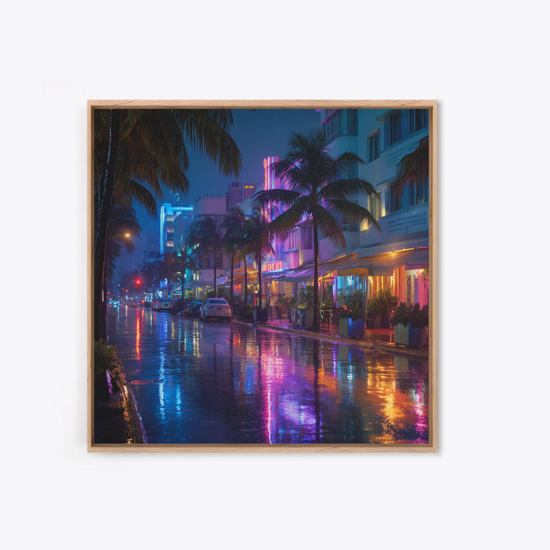 Neon Rainy City Street At Night Wall Art, Colorful Modern Urban Photography Print, Living Room Decor, Large Canvas Print