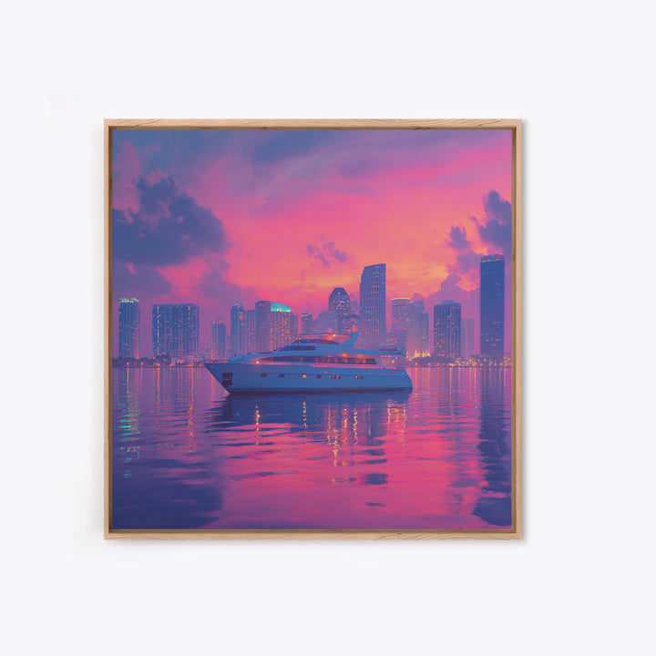 Luxury Yacht City Skyline At Sunset Wall Art, Modern Coastal Cityscape Canvas Print, Pink Sky Nautical Decor For Office Or Living Room