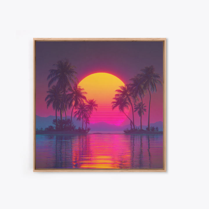 Neon Tropical Island Sunset Wall Art, Retro Synthwave Beach Landscape, Vibrant Coastal Decor, Modern Living Room Canvas Print