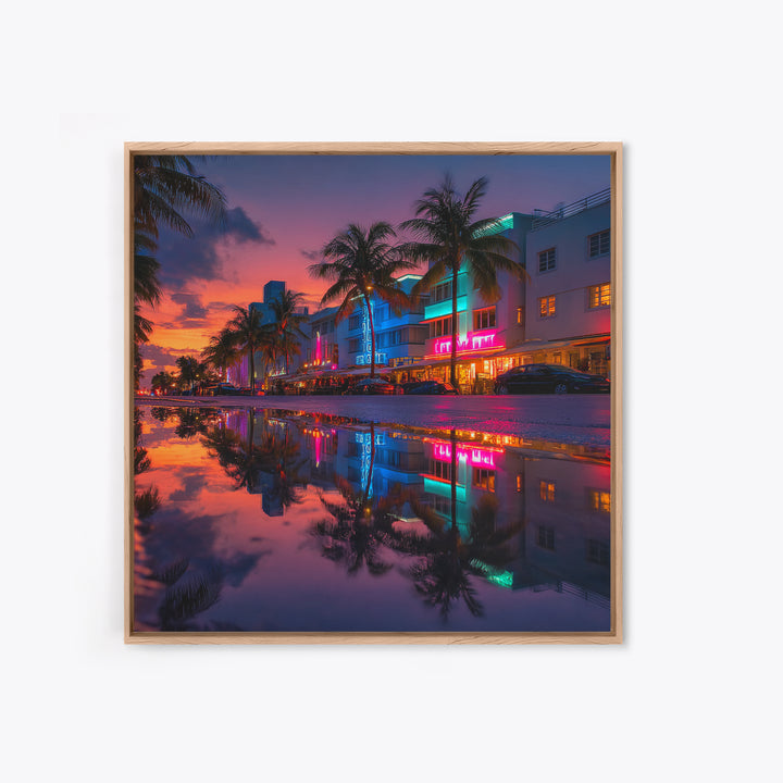 Miami Neon Night Cityscape Wall Art, Colorful South Beach Photography Print, Modern Urban Wall Decor Framed Canvas Print