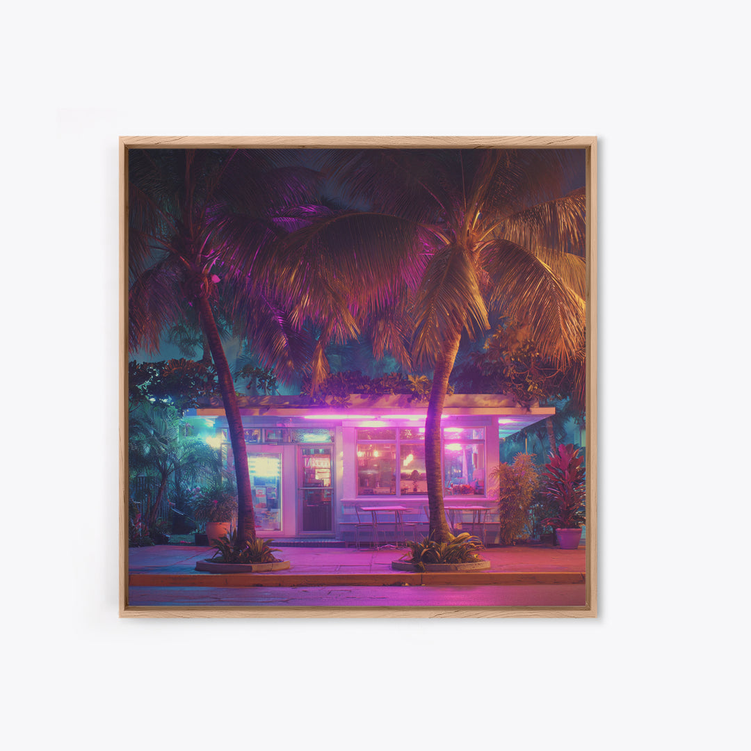 Neon Palm Tree Diner Night Scene Wall Art, Retro Tropical City Photography Canvas Print For Modern Urban Home Decor