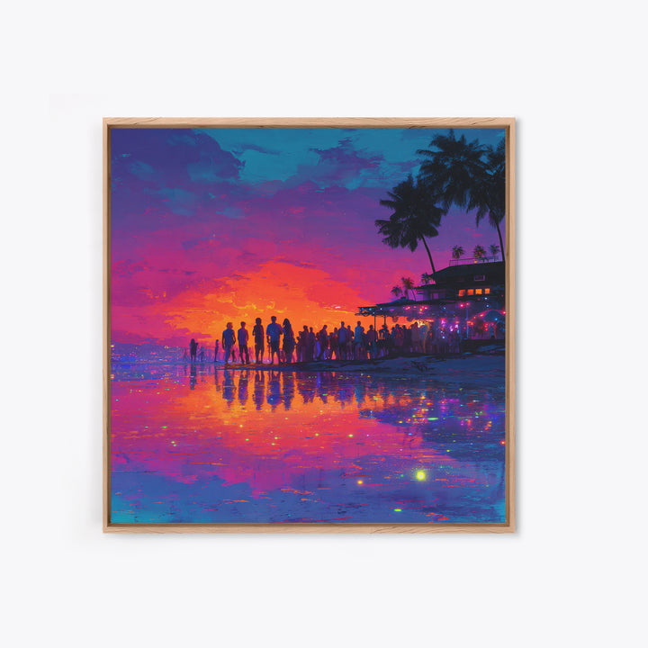 Neon Beach Sunset Party Wall Art, Colorful Coastal Canvas Print, Retro Futuristic Ocean Art, Summer Vibes Living Room Decor
