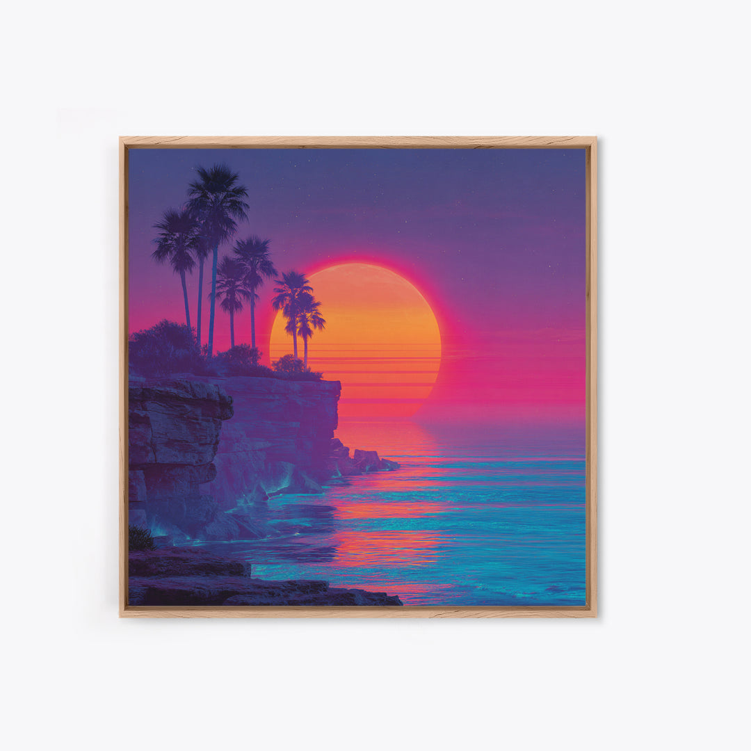 Neon Tropical Sunset Cliff Wall Art, Retro Coastal Ocean Canvas Print For Modern Coastal Decor And Vibrant Living Room