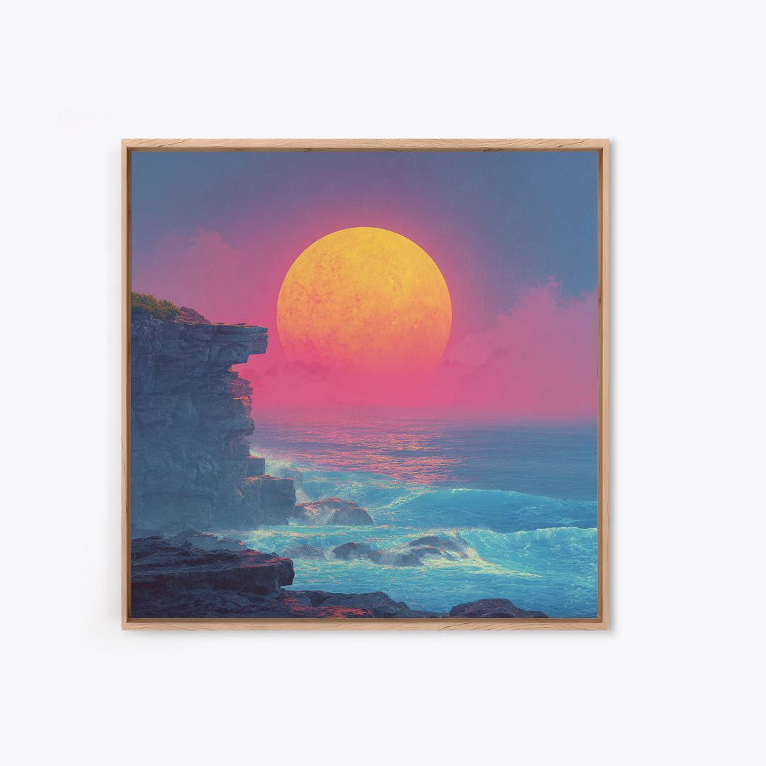 Surreal Neon Moon Over Ocean Cliff Painting Wall Art, Colorful Fantasy Seascape Print, Modern Coastal Abstract Decor