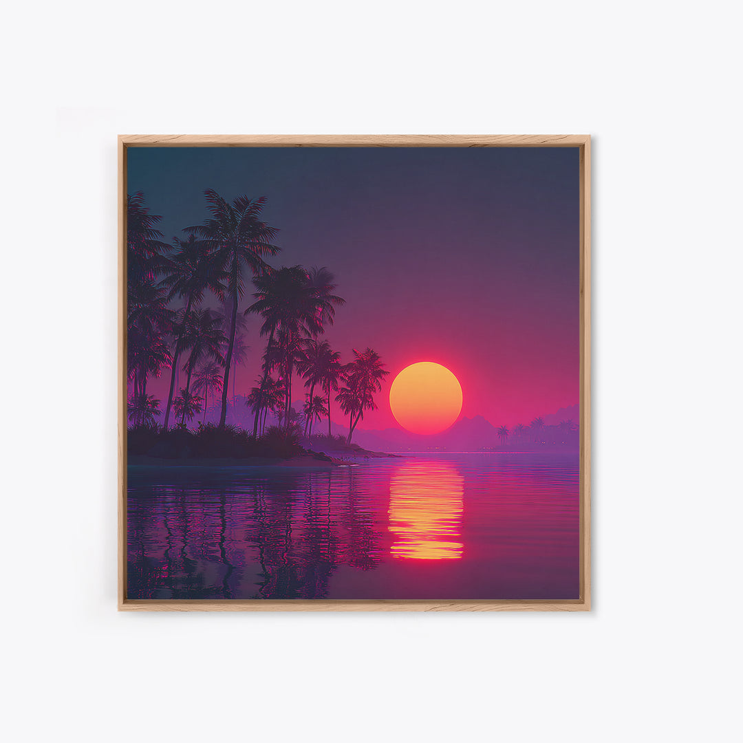 Neon Tropical Sunset Palm Tree Beach Wall Art, Vibrant Retro Coastal Landscape Canvas Print Home Decor