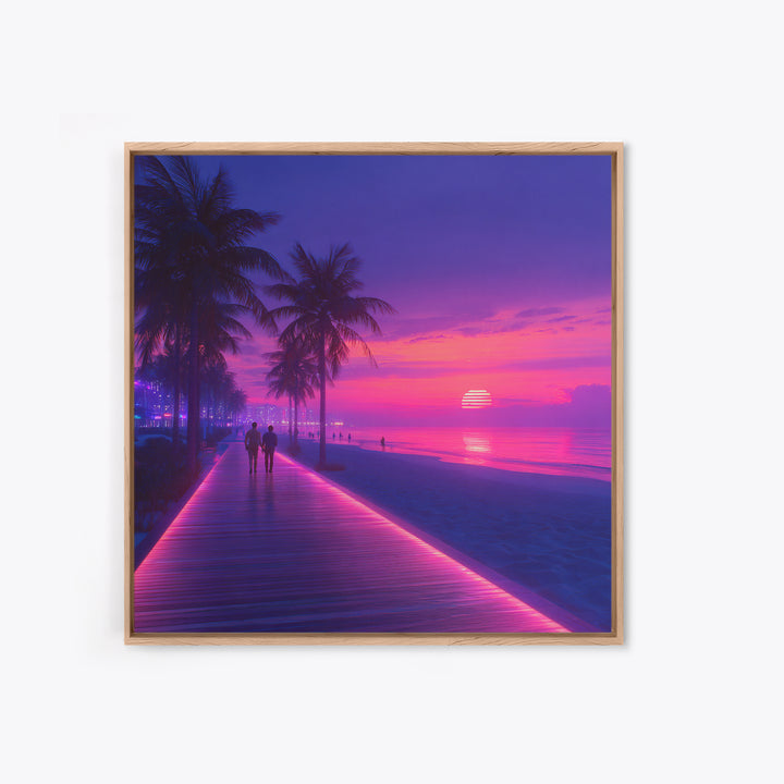 Neon Pink Boardwalk Beach Sunset Wall Art Retro Coastal Vibes Colorful Modern Home Decor Large Canvas Print Living Room Wall Art