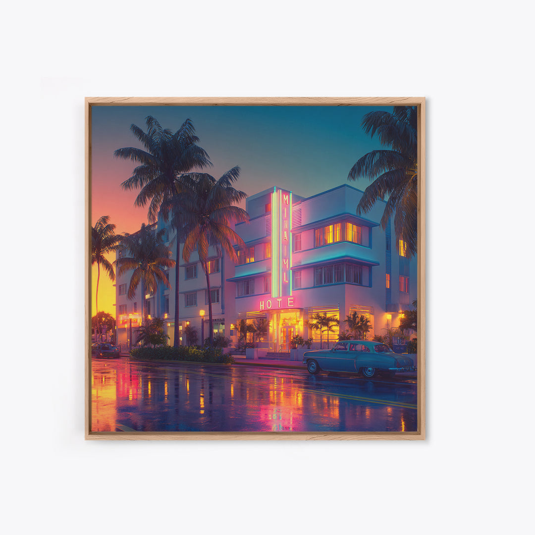 Miami Art Deco Hotel Night Cityscape Wall Art, Neon Coastal Canvas Print, Retro Urban Home Decor For Living Room
