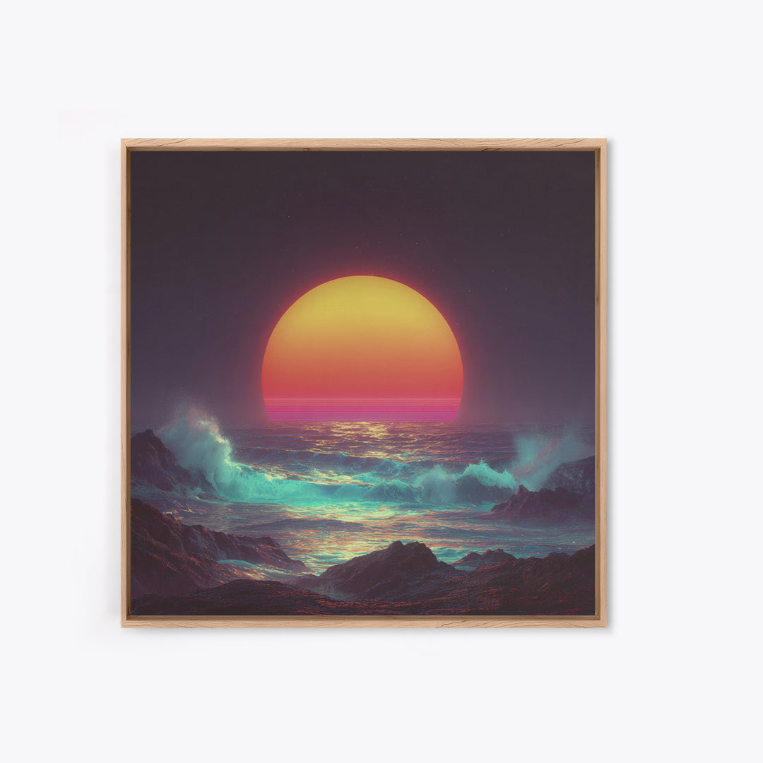 Vibrant Neon Ocean Sunset Waves Night Sky Wall Art Canvas Print Modern Coastal Decor Beach House Living Room Wall Art