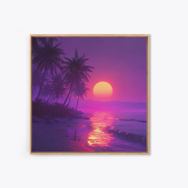 Neon Tropical Beach Sunset Wall Art, Vaporwave Palm Trees Canvas Print, Coastal Retro Ocean Art For Bedroom Or Living Room Decor