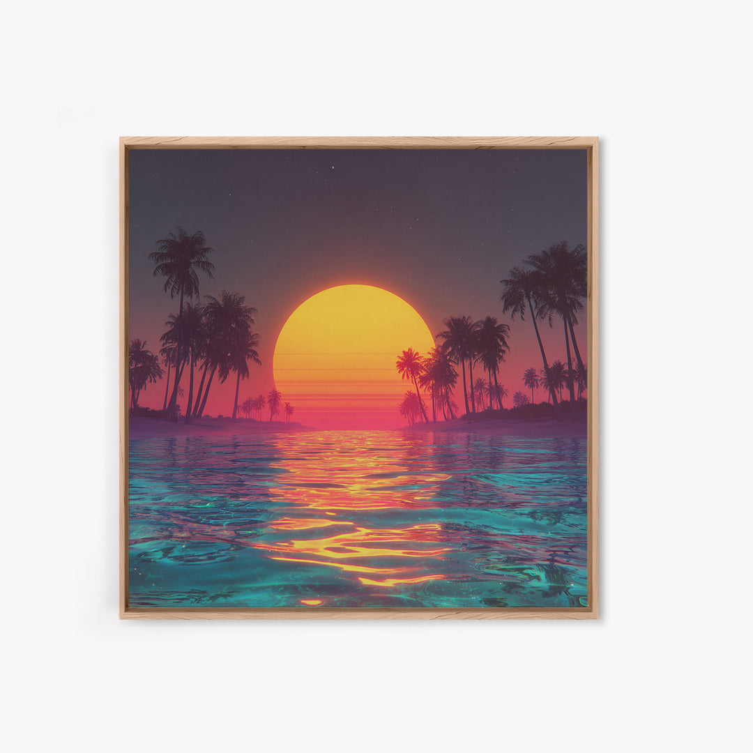 Neon Sunset Palm Beach Wall Art For Coastal Home Decor, Retro Tropical Ocean Canvas Print, Modern Coastal Wall Art