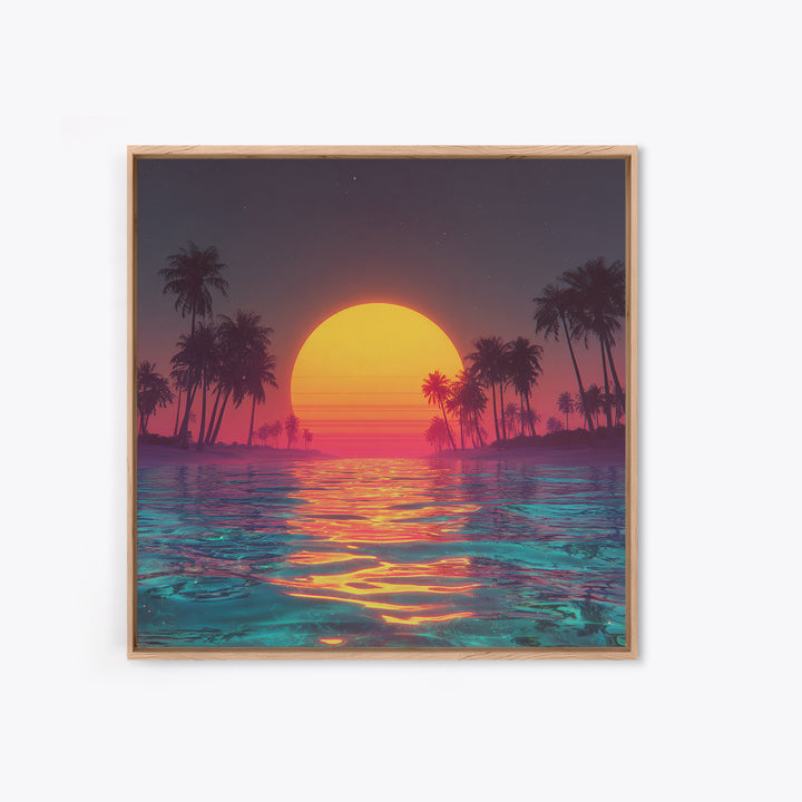 Neon Sunset Palm Beach Wall Art For Coastal Home Decor, Retro Tropical Ocean Canvas Print, Modern Coastal Wall Art