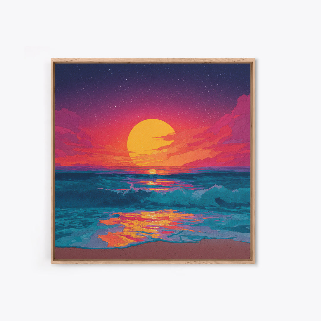 Colorful Ocean Sunset Waves Wall Art, Retro Beach Canvas Print, Modern Coastal Decor, Vibrant Seascape Living Room Art