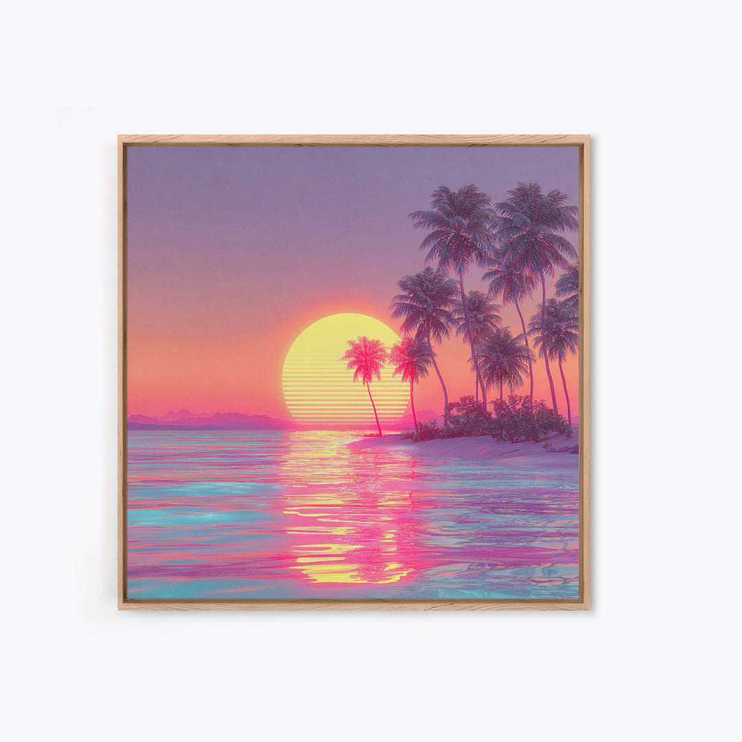 Dreamy Tropical Palm Trees Pink Sunset Beach Canvas Print, Coastal Wall Art, Vaporwave Ocean Decor, Pastel Summer Poster