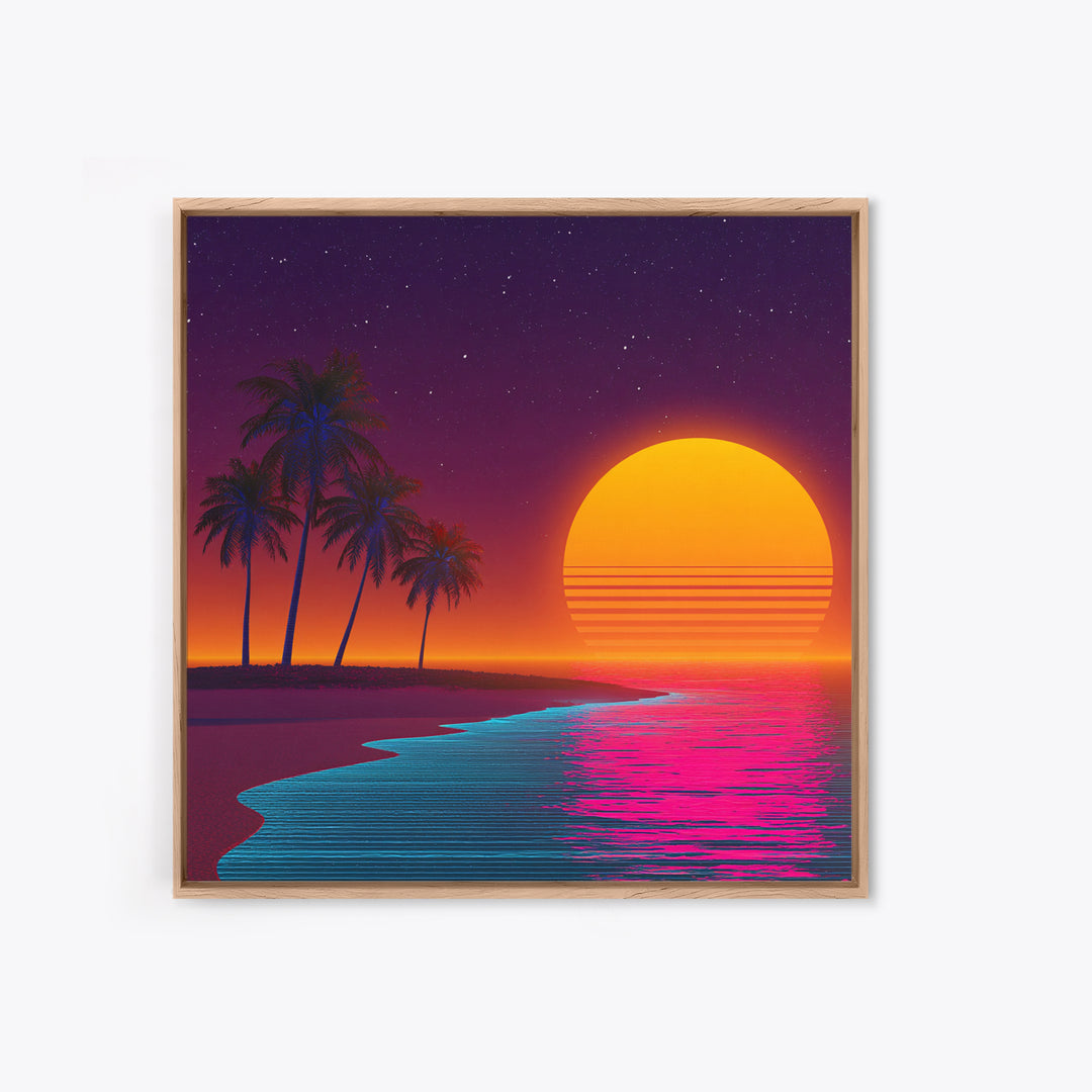 Neon Island Sunset Palm Tree Canvas Print, Retro Tropical Beach Wall Art, Bold Synthwave Coastal Decor, Colorful Bedroom Wall Art