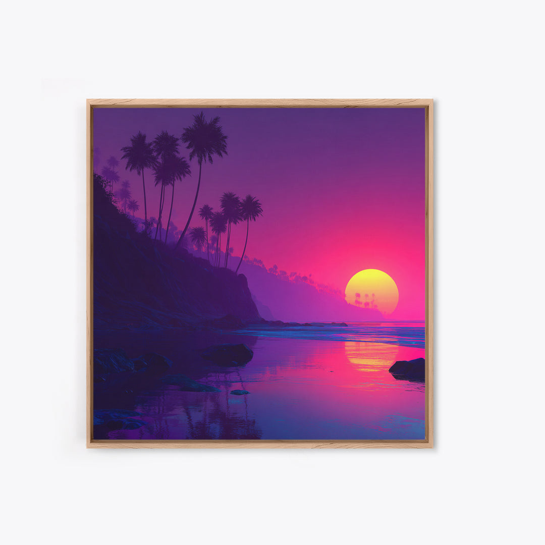 Neon Sunset Tropical Beach Wall Art, Vibrant Palm Tree Coastal Canvas Print For Modern Coastal Home And Bedroom Decor