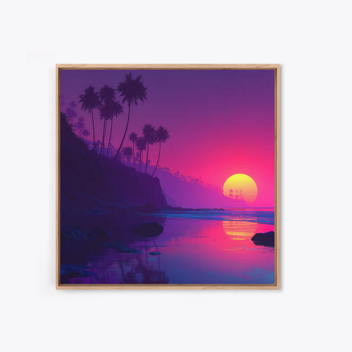 Neon Sunset Tropical Beach Wall Art, Vibrant Palm Tree Coastal Canvas Print For Modern Coastal Home And Bedroom Decor