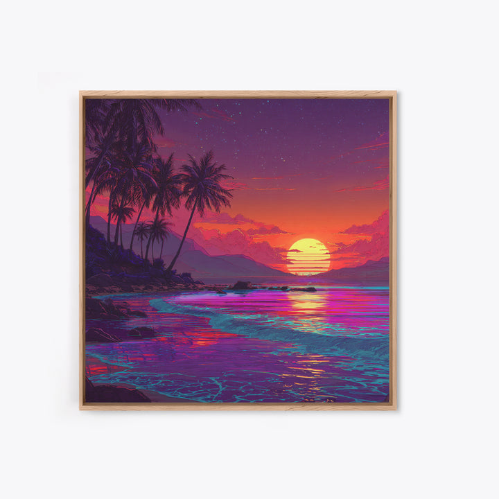 Neon Tropical Beach Sunset Wall Art, Vibrant Ocean Landscape Canvas Print, Retro Coastal Decor, Modern Living Room Wall Decor
