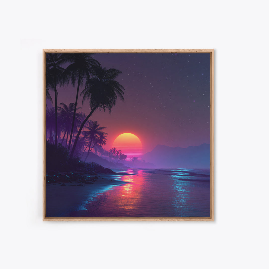 Neon Tropical Beach Sunset Wall Art, Retro Coastal Palm Tree Canvas Print, Vibrant Ocean Night Sky Home Decor
