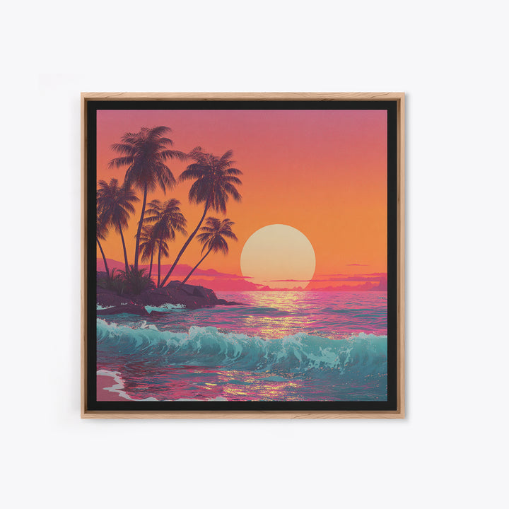Retro Tropical Sunset Wall Art, Pink And Orange Beach Canvas Print, Aesthetic Coastal Decor For Bedroom