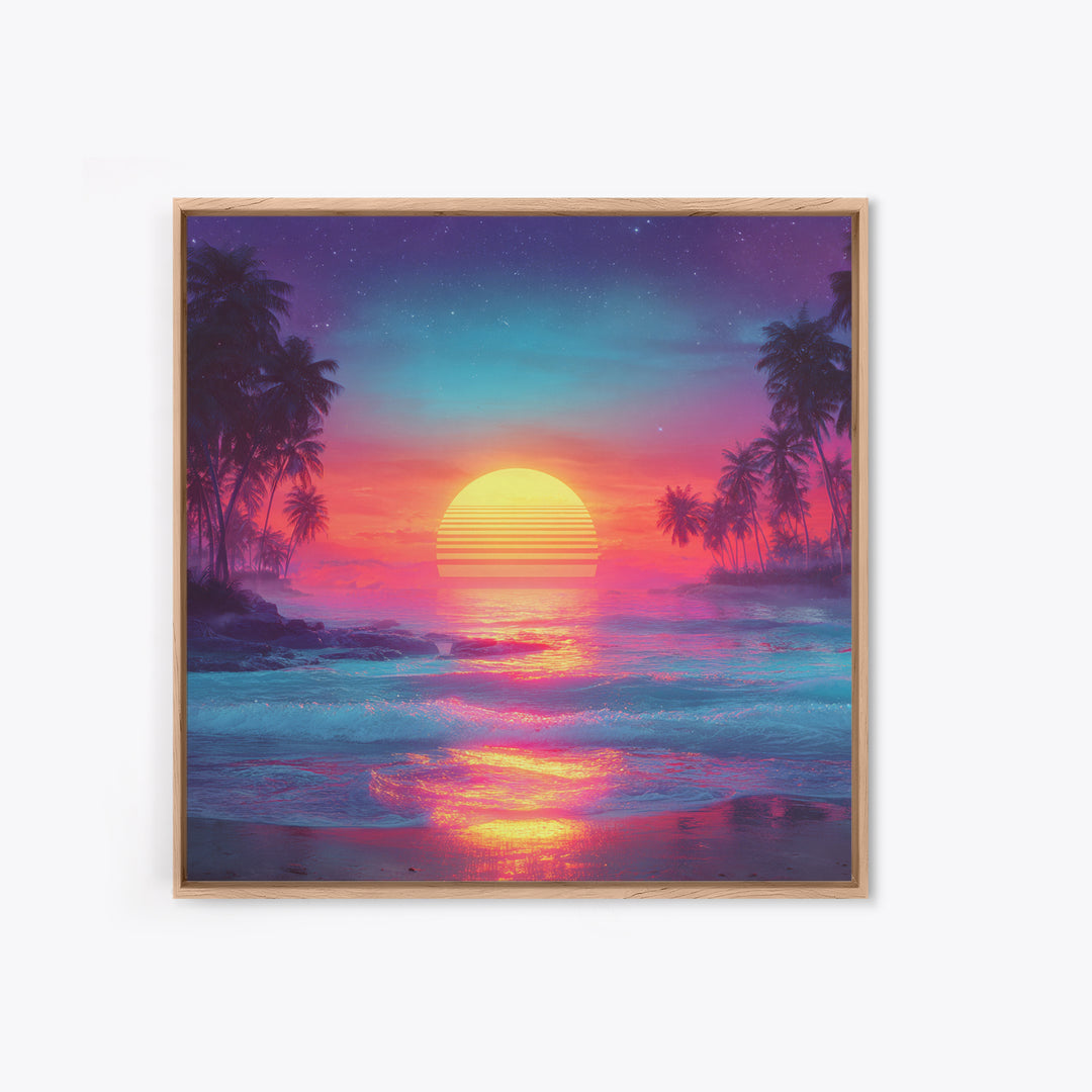 Neon Tropical Sunset Beach Wall Art, Retro Ocean Landscape Canvas Print, Coastal Home Decor, Modern Abstract Seascape