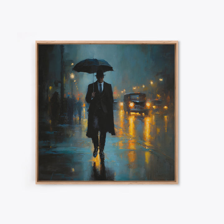 Noir Gentleman With Umbrella In Rainy City Wall Art, Moody Oil Painting Print, Dark Academia Office Decor, Gift For Him