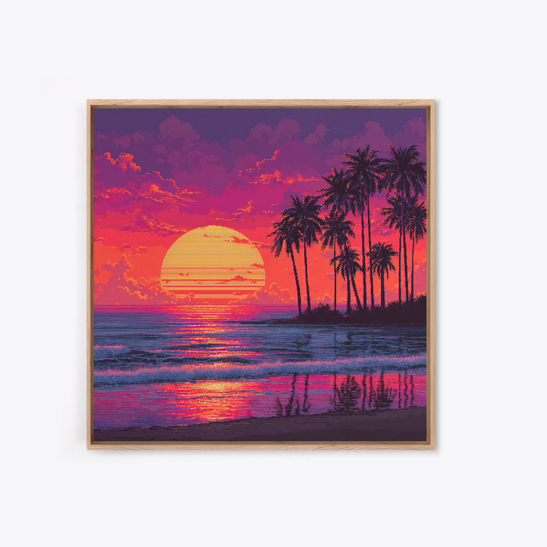 Pixel Art Tropical Sunset Beach Wall Art, Retro 8 Bit Palm Landscape Canvas Print, Colorful Gaming Room Decor