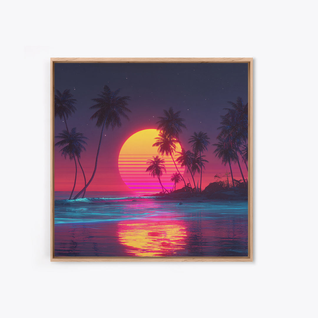 Neon Tropical Beach Sunset With Palms Wall Art, Retro Vaporwave Ocean Night Sky Canvas Print
