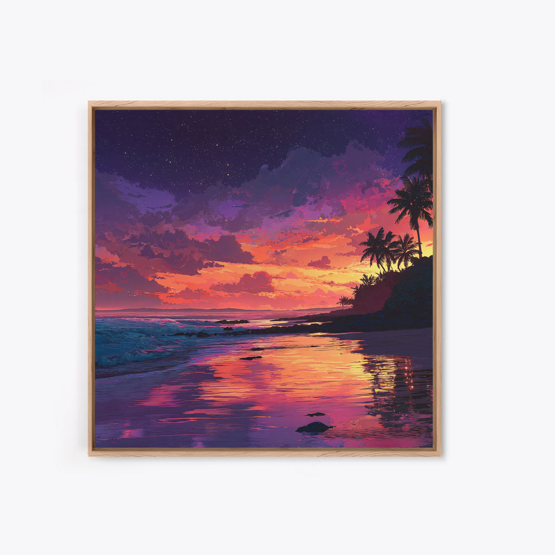 Vibrant Tropical Sunset Beach Wall Art, Colorful Coastal Ocean Painting Print, Summer Beach House Decor Living Room Wall Art