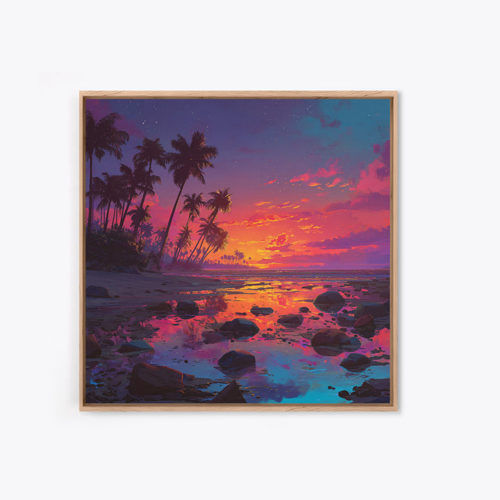 Serene Tropical Sunset With Palm Trees Reflection Over Water Vibrant Wall Art Framed Canvas Print For Coastal Home Decor