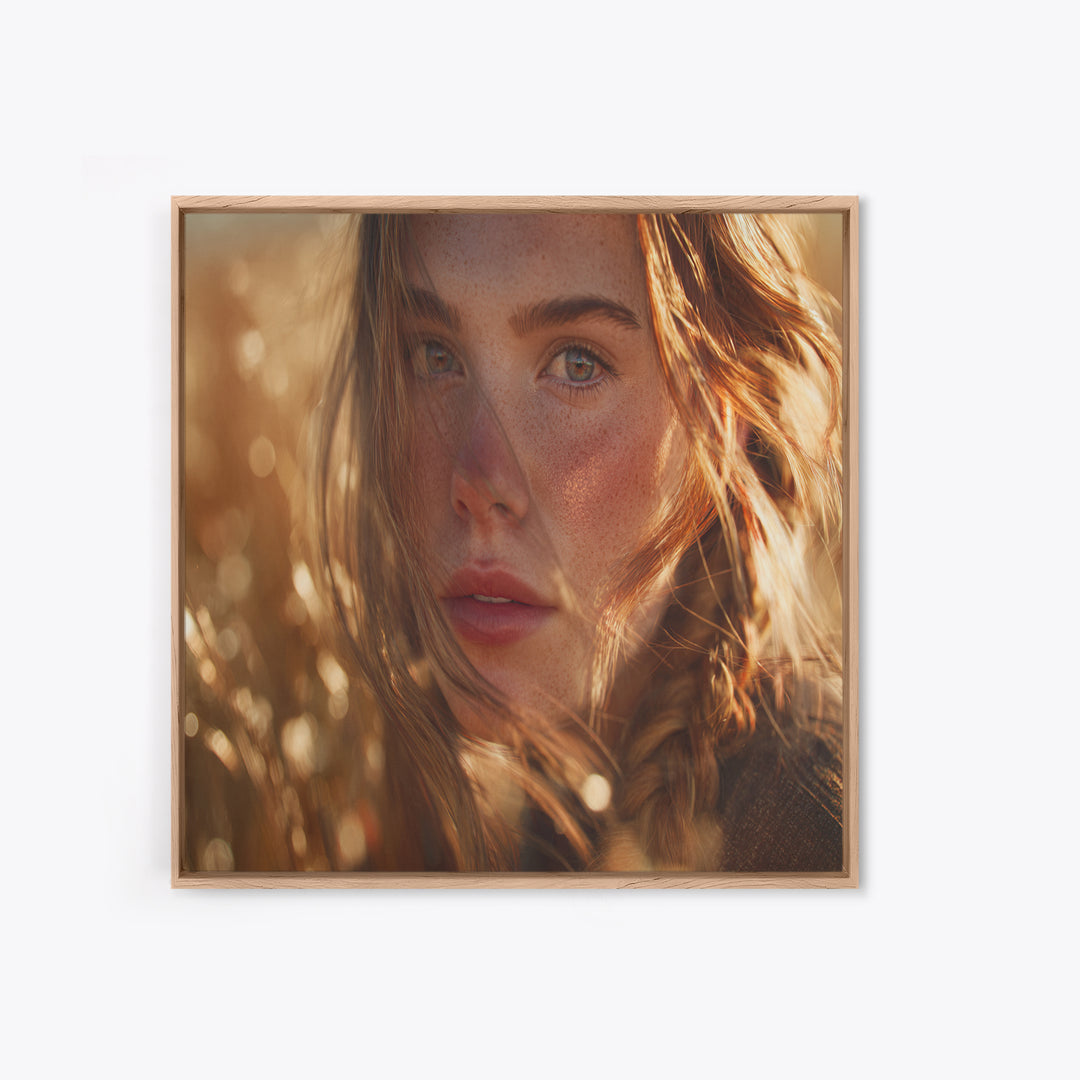 Golden Hour Portrait Of Woman Wall Art, Freckled Girl Close Up Painting, Feminine Modern Art Print, Bedroom Romantic Canvas