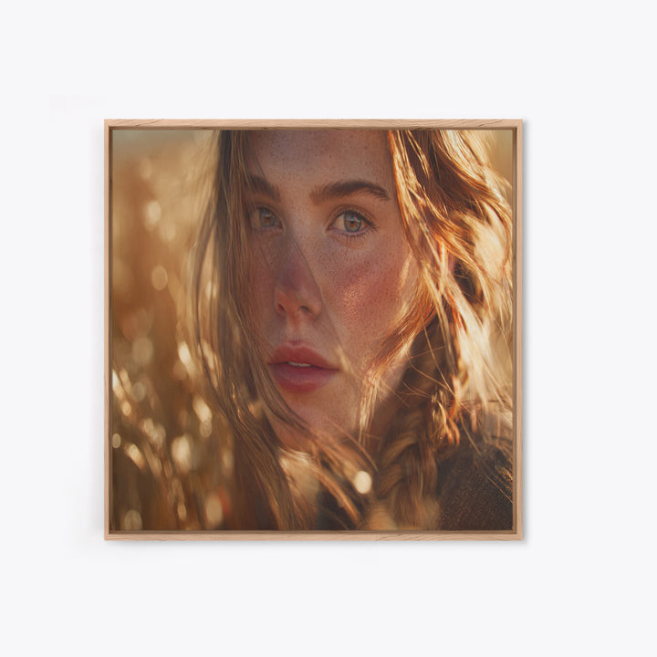 Golden Hour Portrait Of Woman Wall Art, Freckled Girl Close Up Painting, Feminine Modern Art Print, Bedroom Romantic Canvas