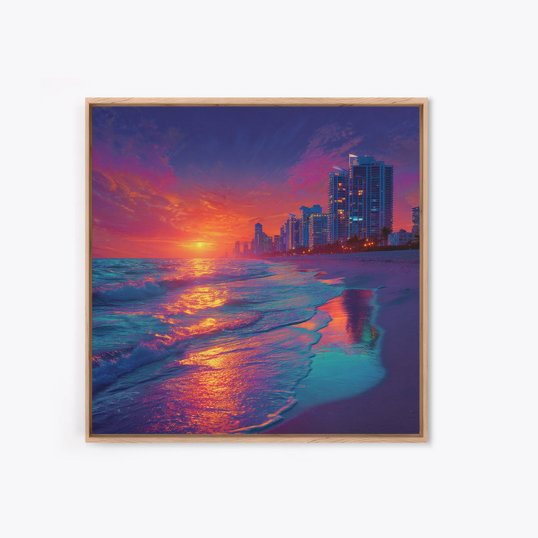 Vibrant City Beach Sunset Skyline Canvas Print, Colorful Coastal Wall Art, Modern Ocean Painting Living Room Home Decor