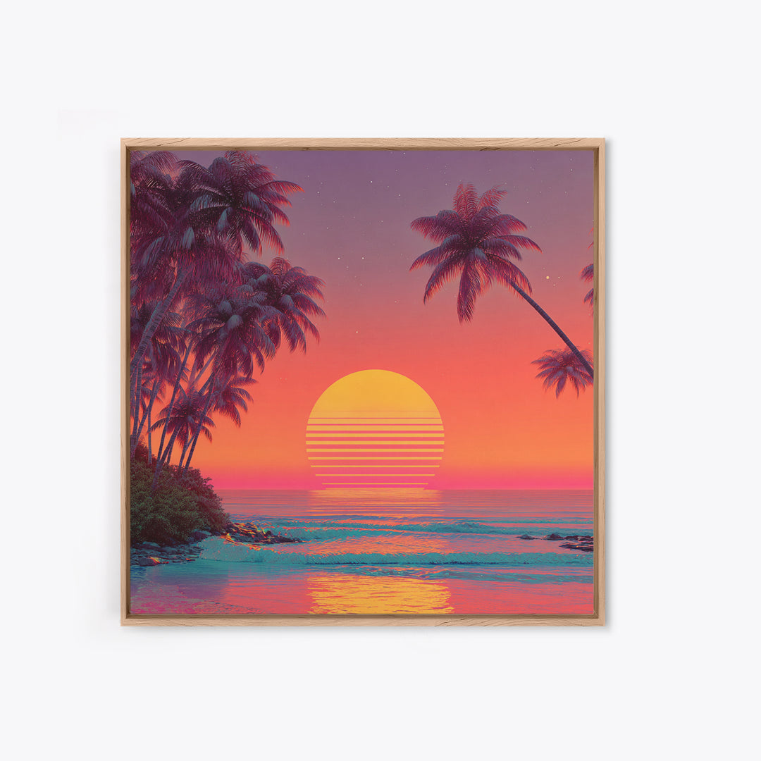 Retro Tropical Sunset Beach With Palm Trees Neon Wall Art, Colorful Coastal Canvas Print, Summer Room Decor