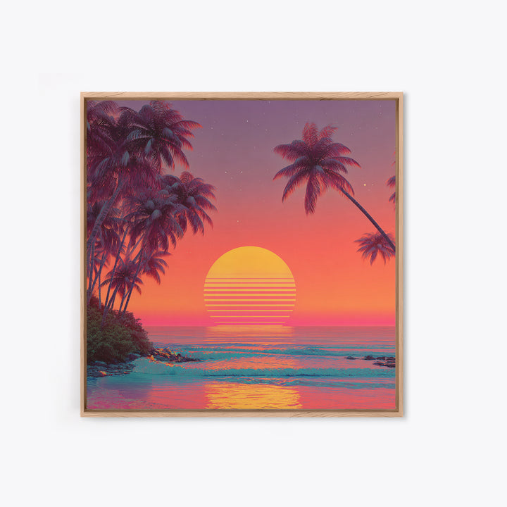 Retro Tropical Sunset Beach With Palm Trees Neon Wall Art, Colorful Coastal Canvas Print, Summer Room Decor