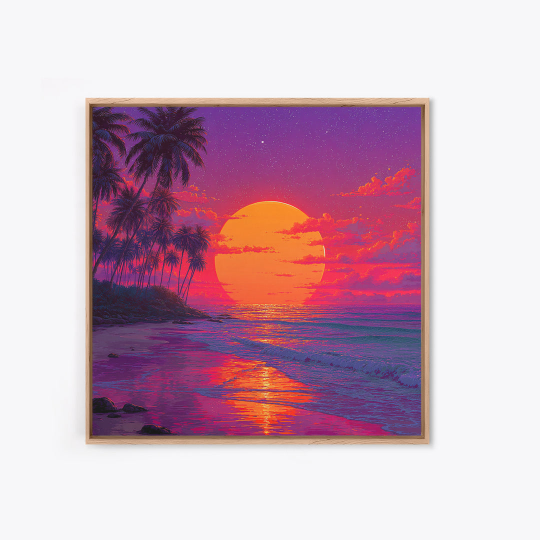 Vibrant Tropical Sunset Beach Wall Art, Palm Tree Ocean Horizon Print, Retro Coastal Summer Decor Canvas Print