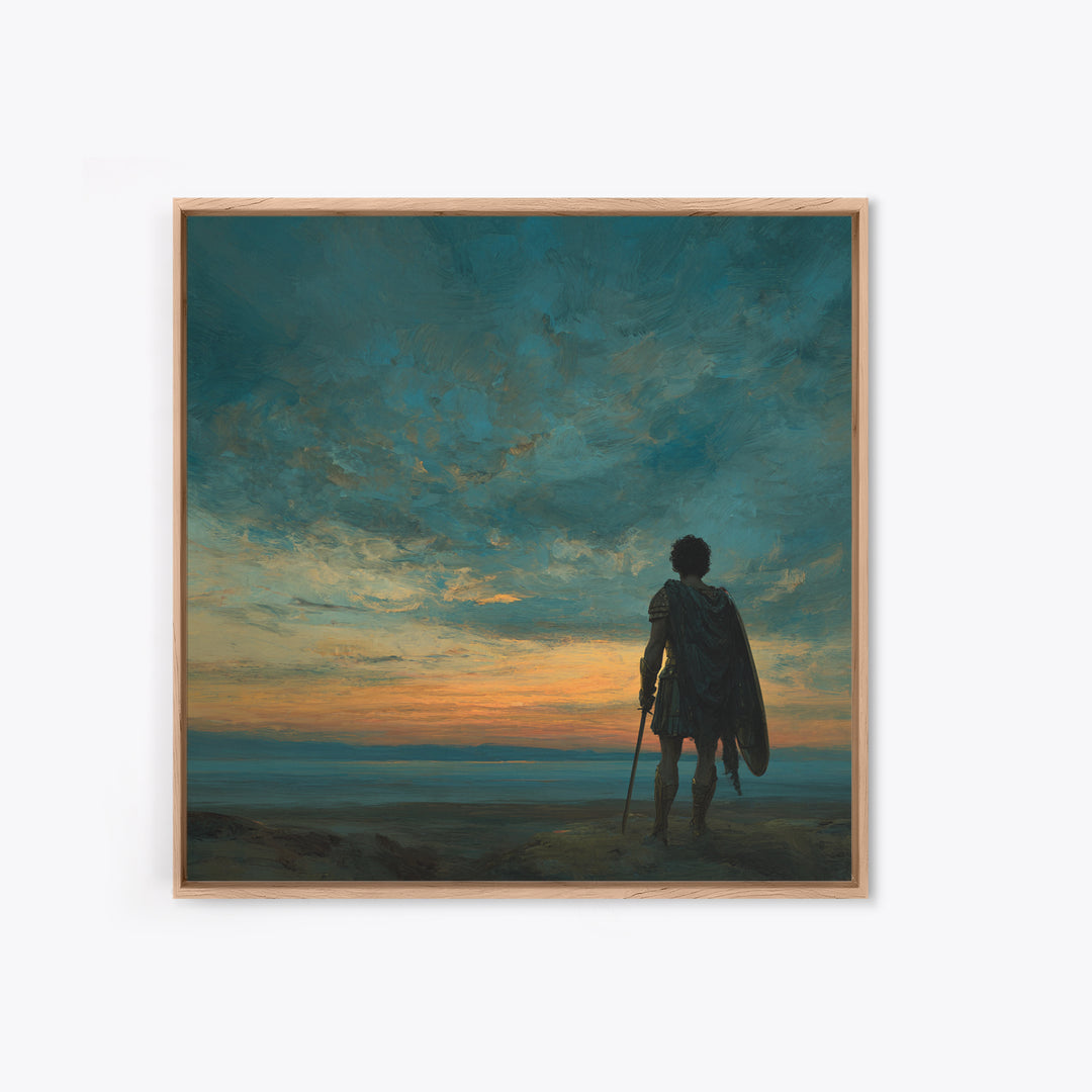 Dark Dramatic Sunset With Ancient Warrior Standing On Hill Wall Art Oil Painting Framed Canvas Print