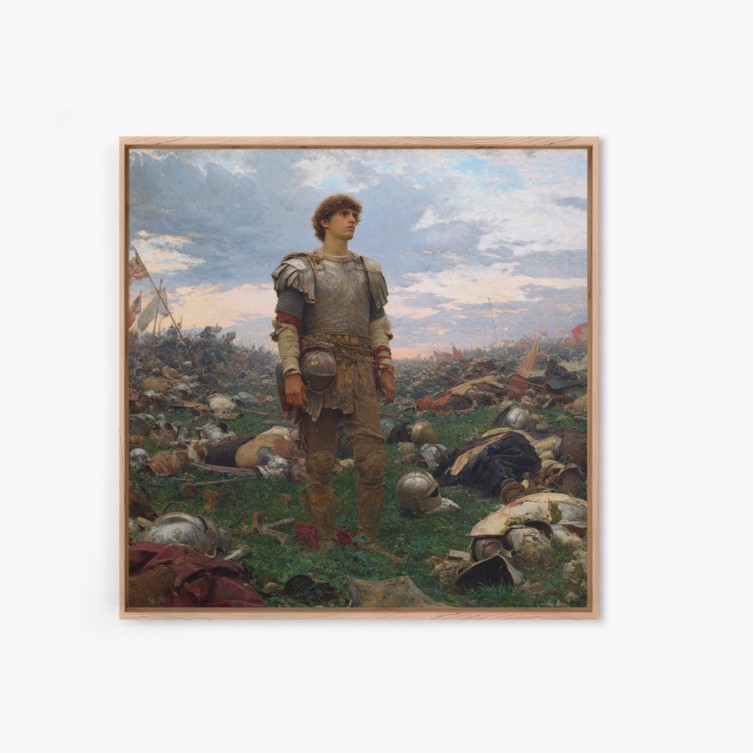 Young Knight Standing After Battle Wall Art, Medieval Warrior Oil Painting, Historical Landscape, Statement Decor, Gift For Him