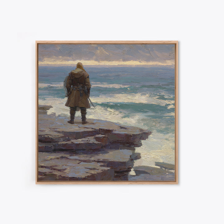 Lone Warrior On Ocean Cliff, Moody Coastal Landscape Wall Art, Viking Seascape Canvas Print, Masculine Office Decor, Gift For Him