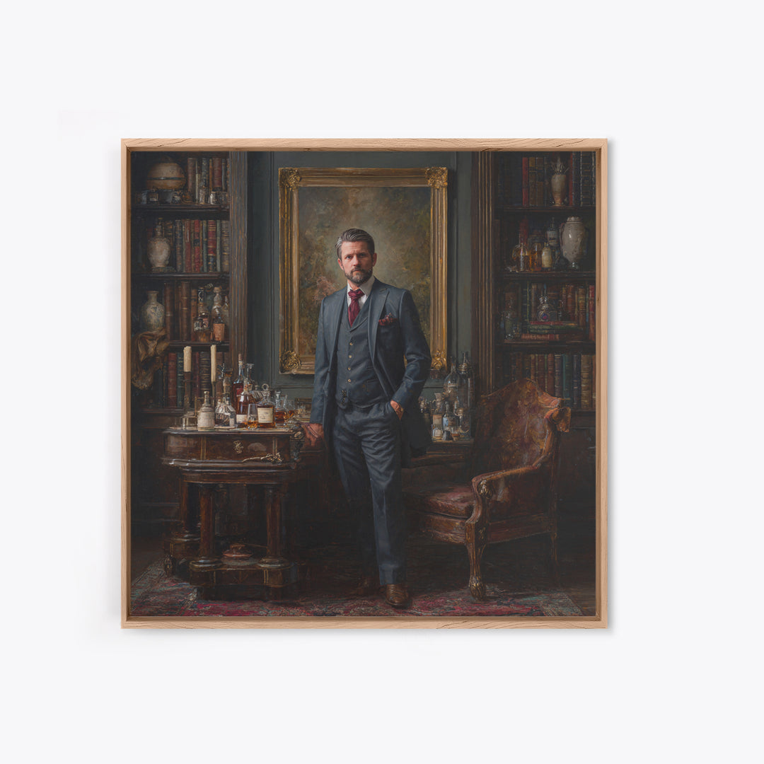 Dapper Gentleman In Antique Study Framed Canvas Print, Moody Portrait Oil Painting, Masculine Office Decor, Dark Academia Art
