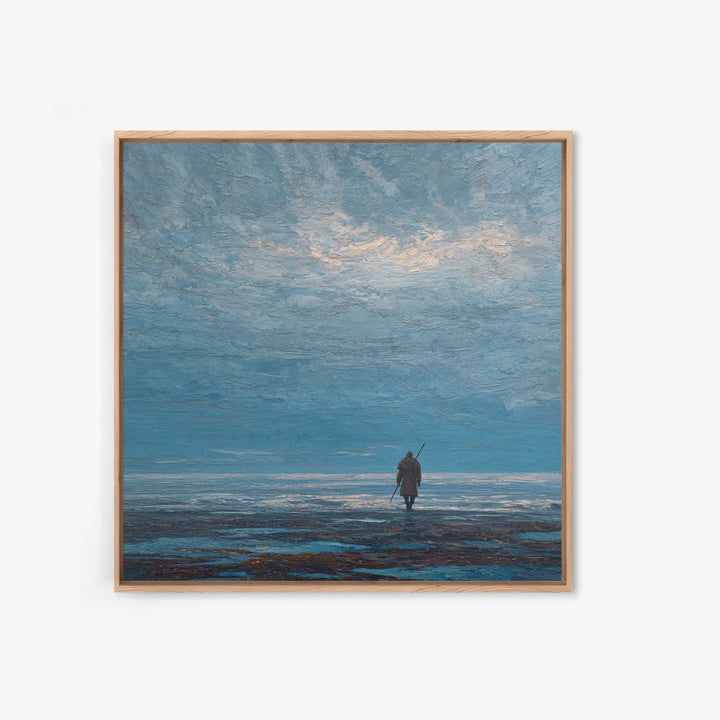 Lone Wanderer Crossing Icy Blue Shore Canvas Print, Minimalist Seascape Art, Calming Wall Art, Serene Coastal Bedroom Decor