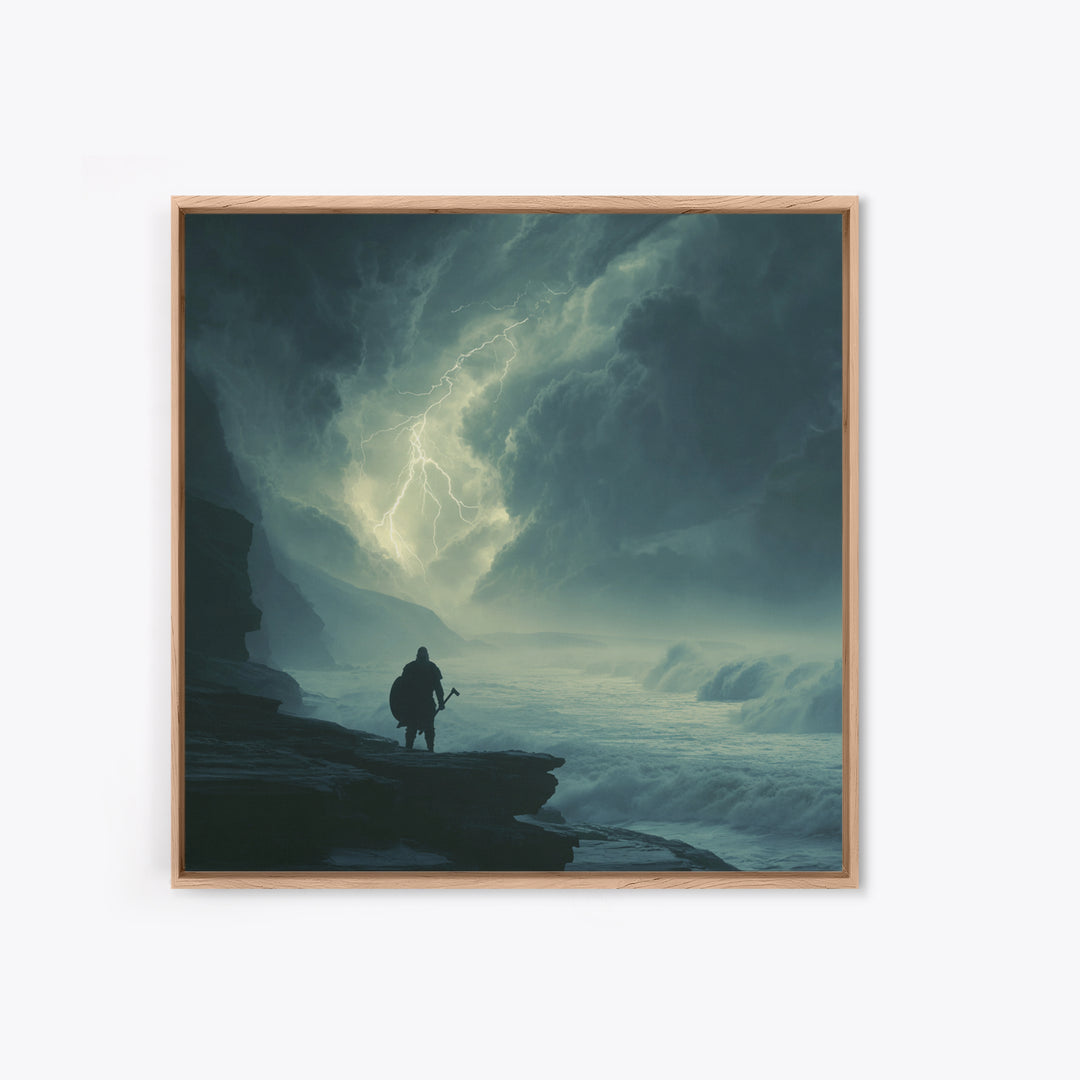 Lone Viking Facing Lightning Over Stormy Sea Wall Art, Dark Seascape Art, Fantasy Wall Decor, Moody Coastal Decor, Gift For Him
