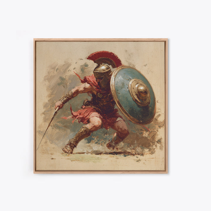 Spartan Warrior With Shield Wall Art, Red Plume Gladiator Action Painting, Bold Classical Canvas Print For Game Room Decor