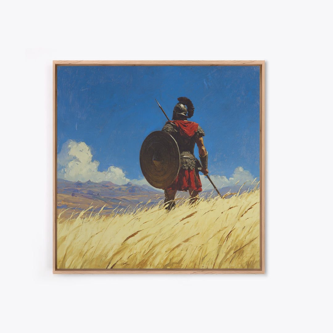 Spartan Warrior In Golden Field Framed Canvas Print, Ancient Greece Landscape, Masculine Wall Art, Western Office Decor Gift